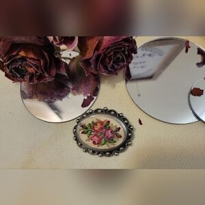 Vintage Oval Petit Point Floral Brooch in Silver-tone Setting